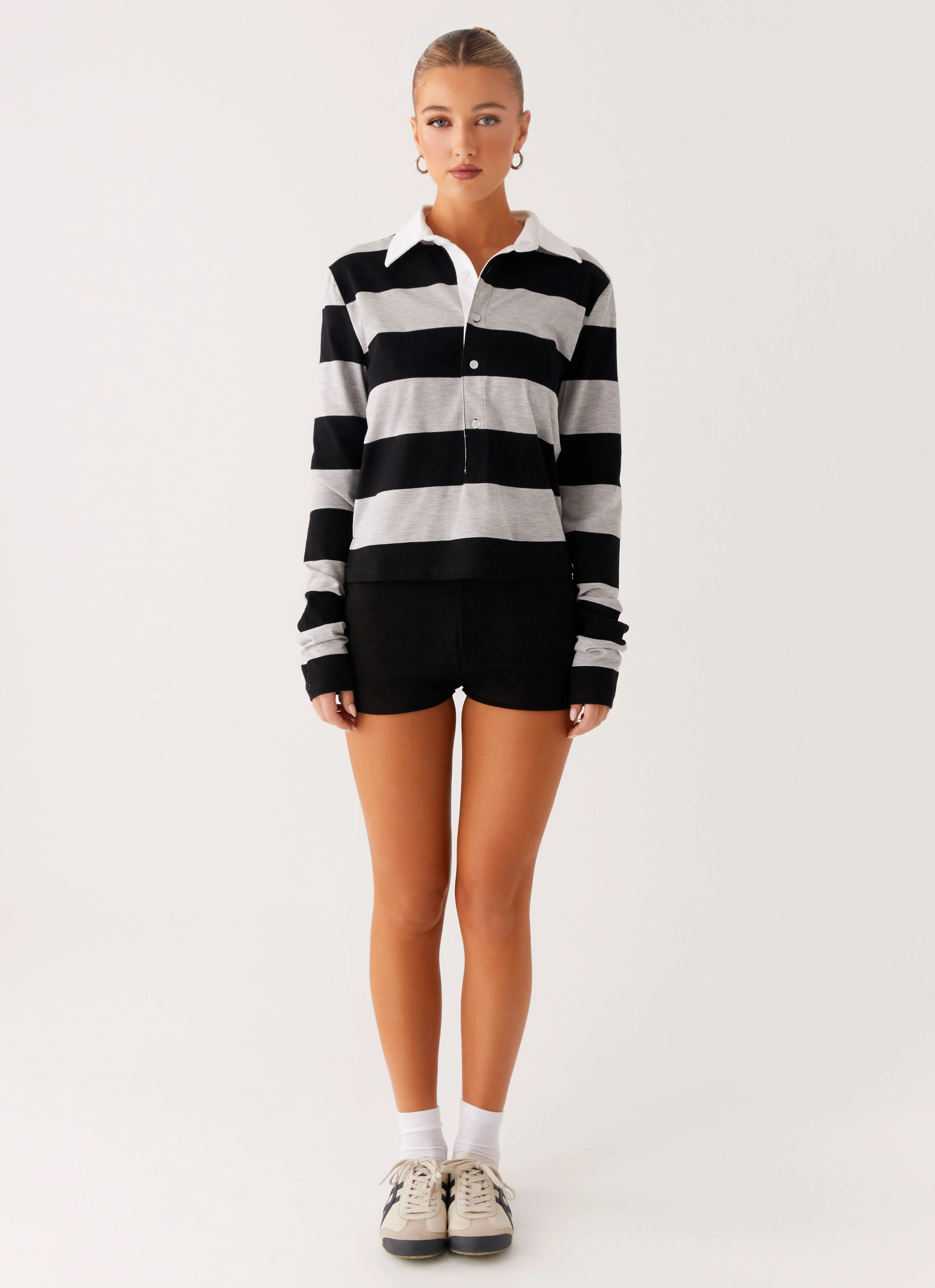 StaticResistant Material Tailored Silhouette Beckett Polo Top - Grey Black Stripe