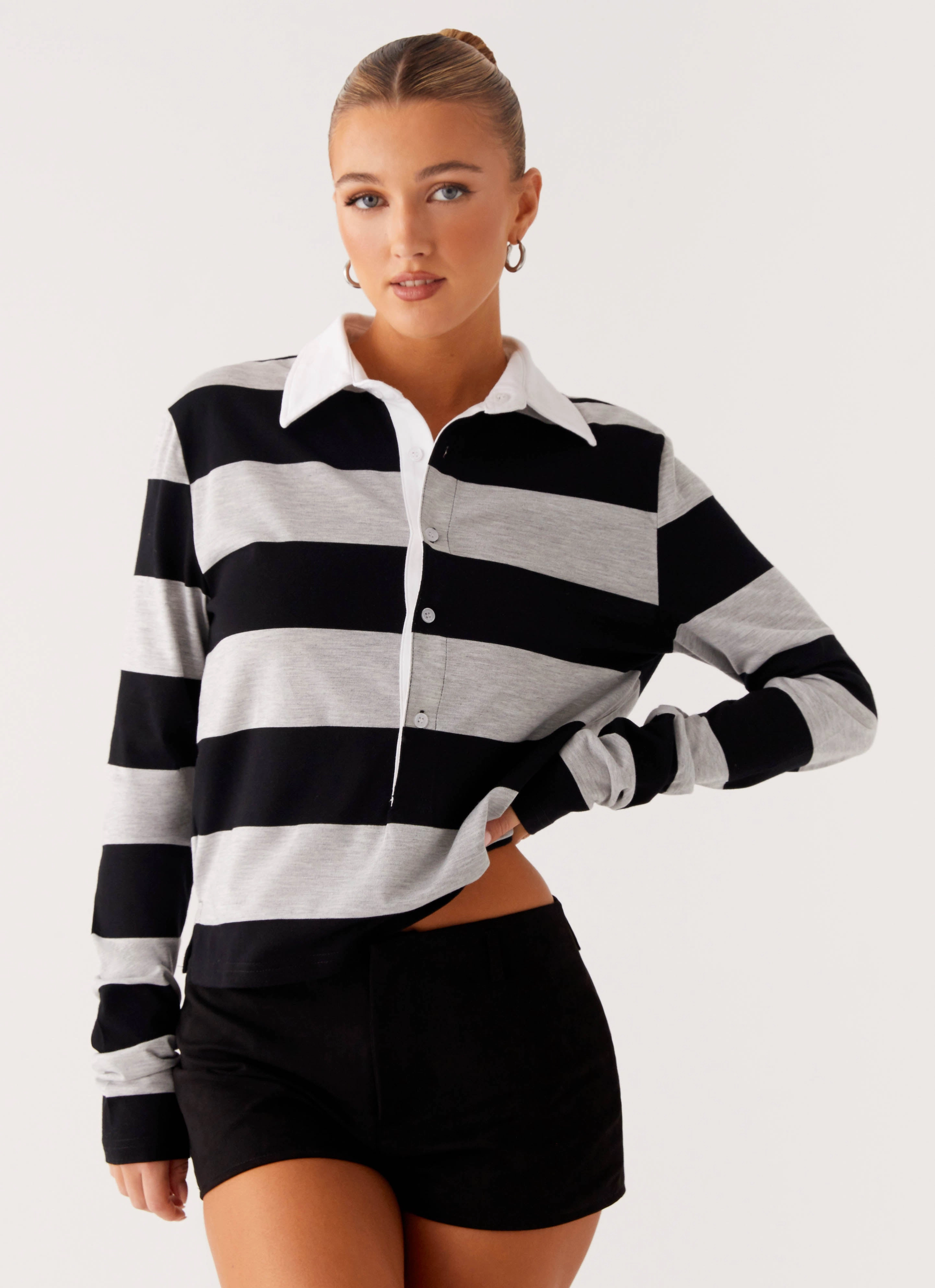 Stretchable Neckline Beckett Polo Top - Grey Black Stripe