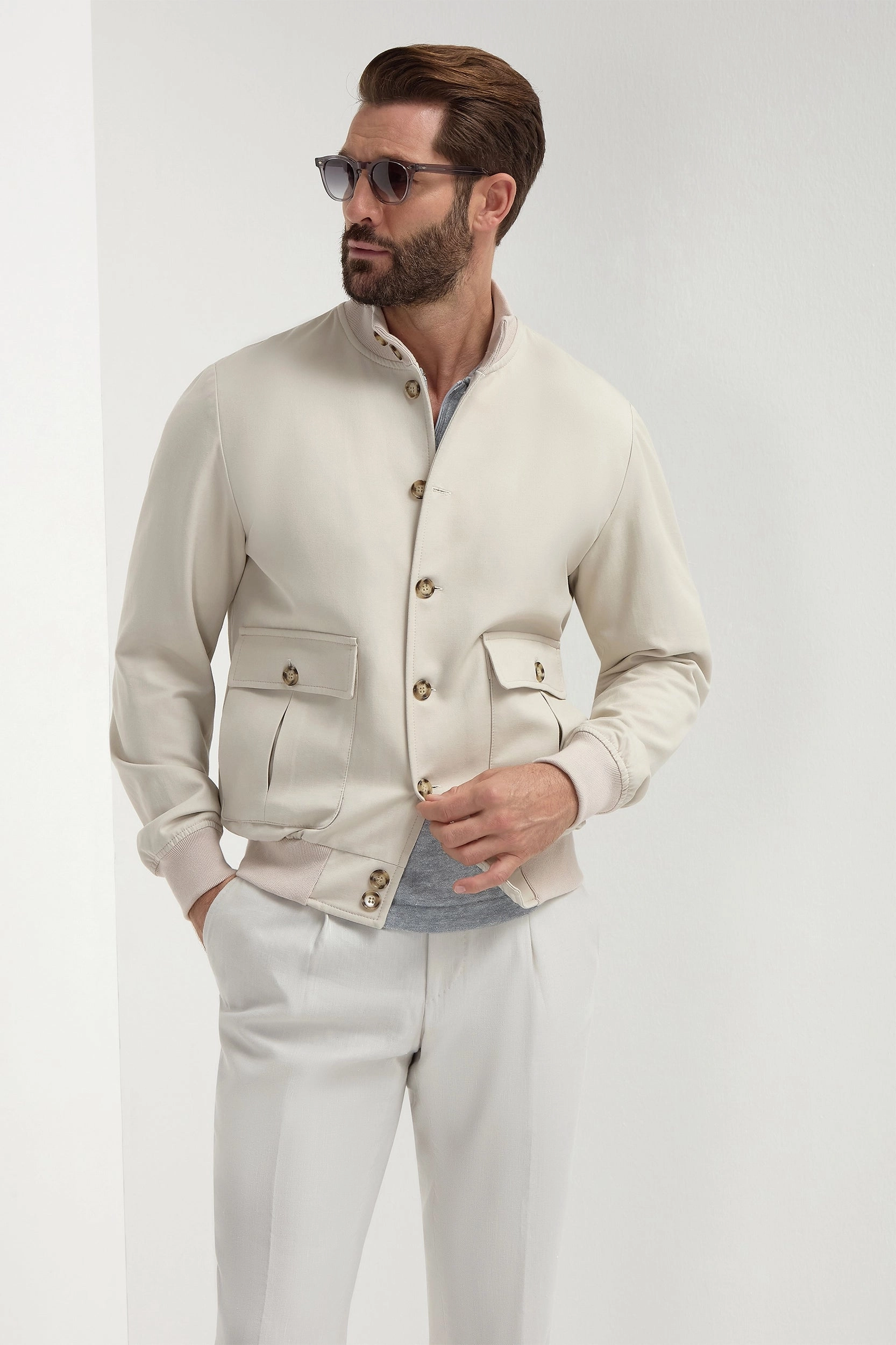 Beige cotton and silk bomber - Made in Italy