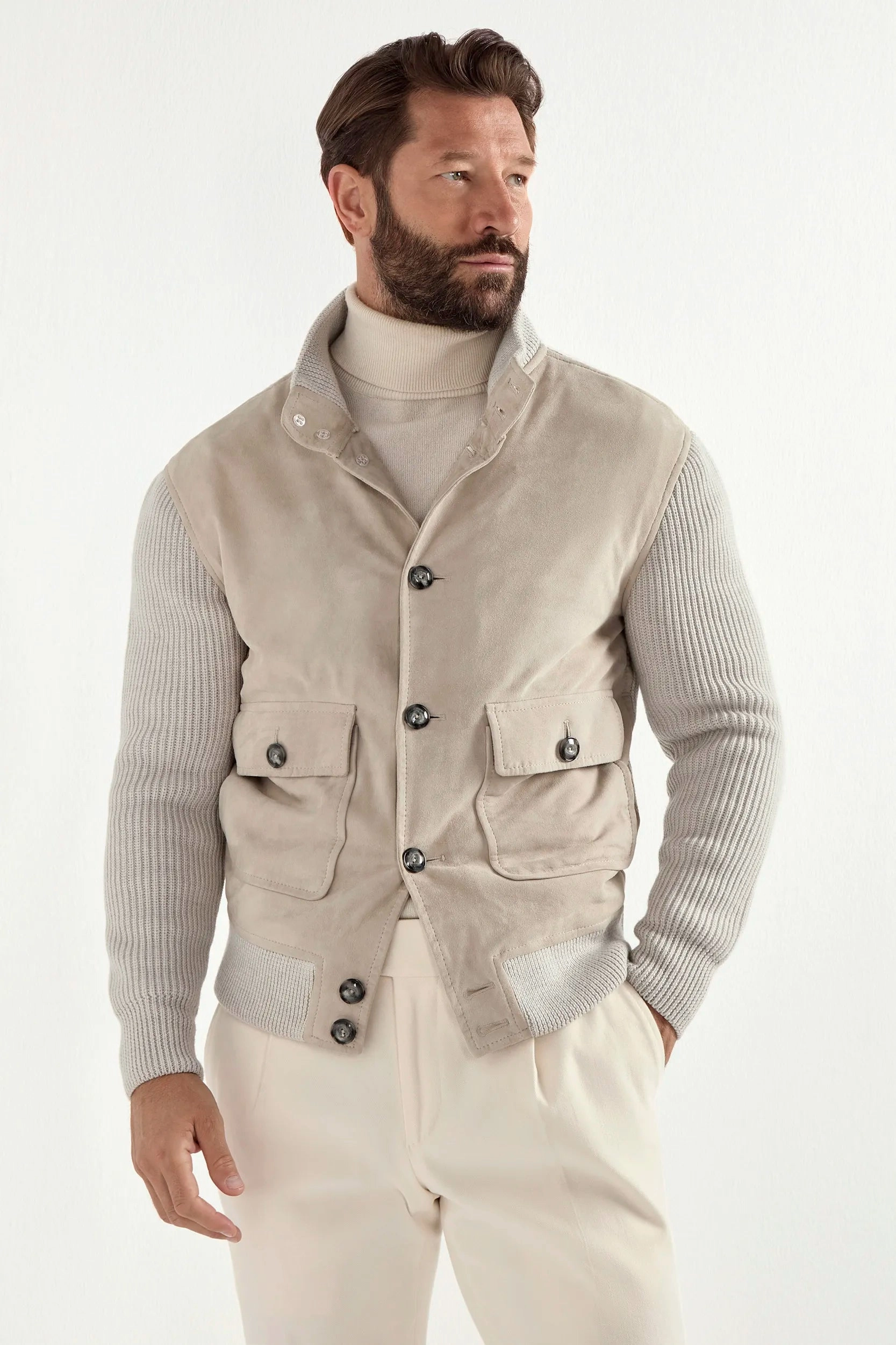 Beige suede and knit bomber - Made in Italy
