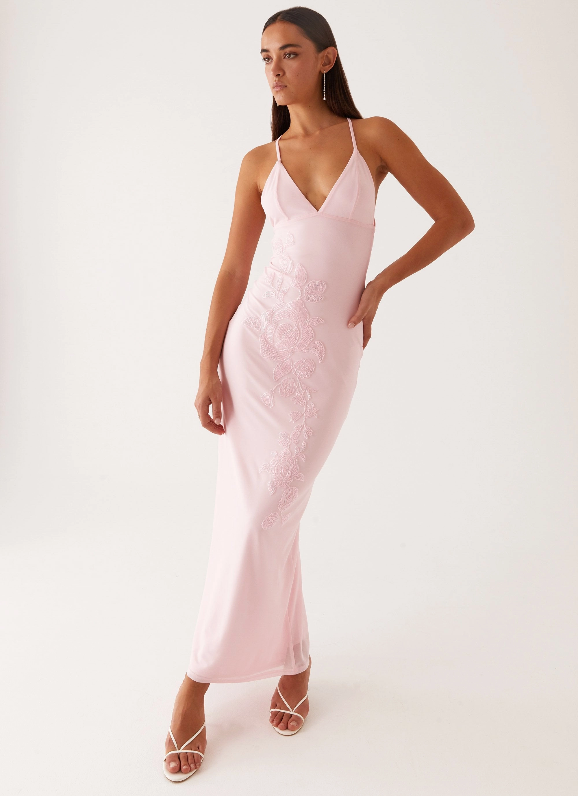 Beki Beaded Mesh Maxi Dress - Pink Fall Layer