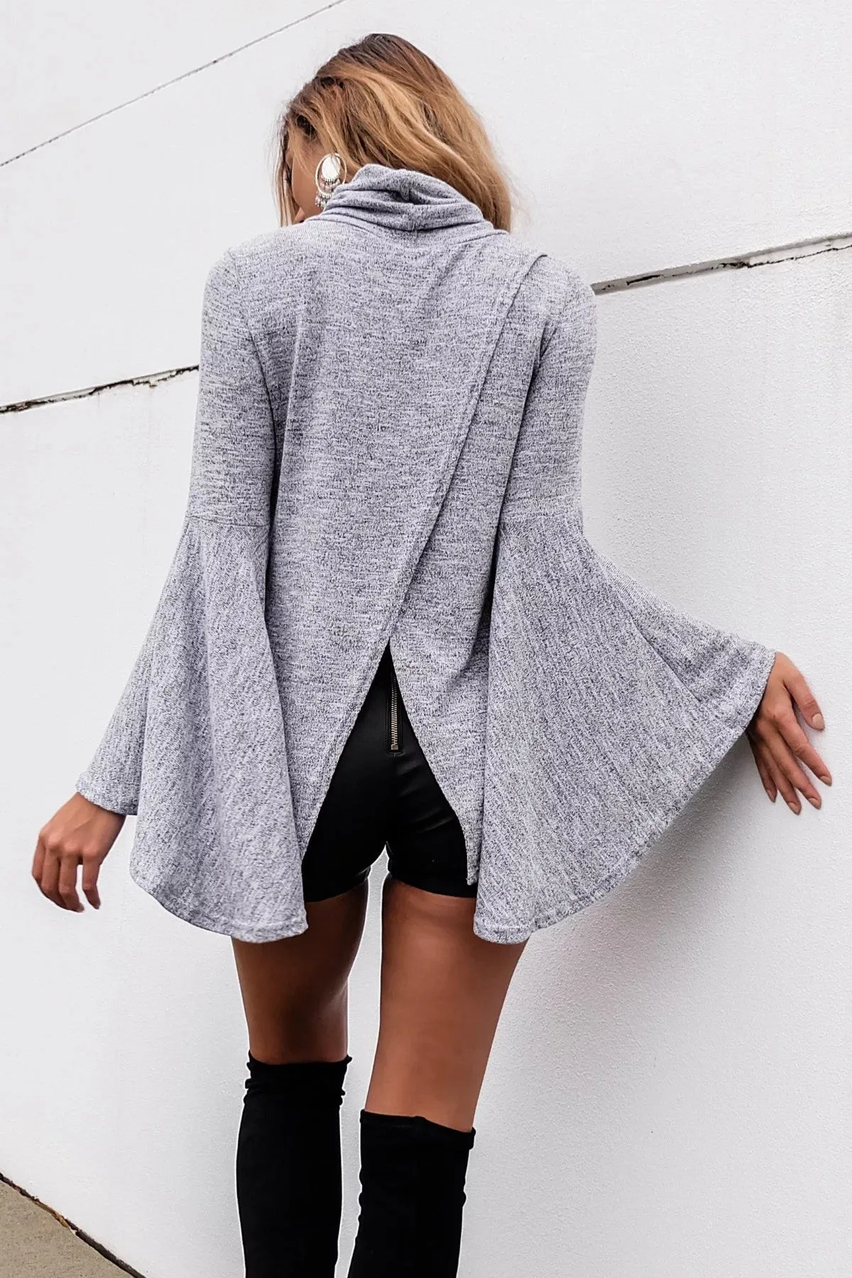 Bell Sleeve Back Slitting High Neck Sweater