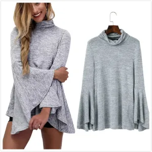 Bell Sleeve Back Slitting High Neck Sweater