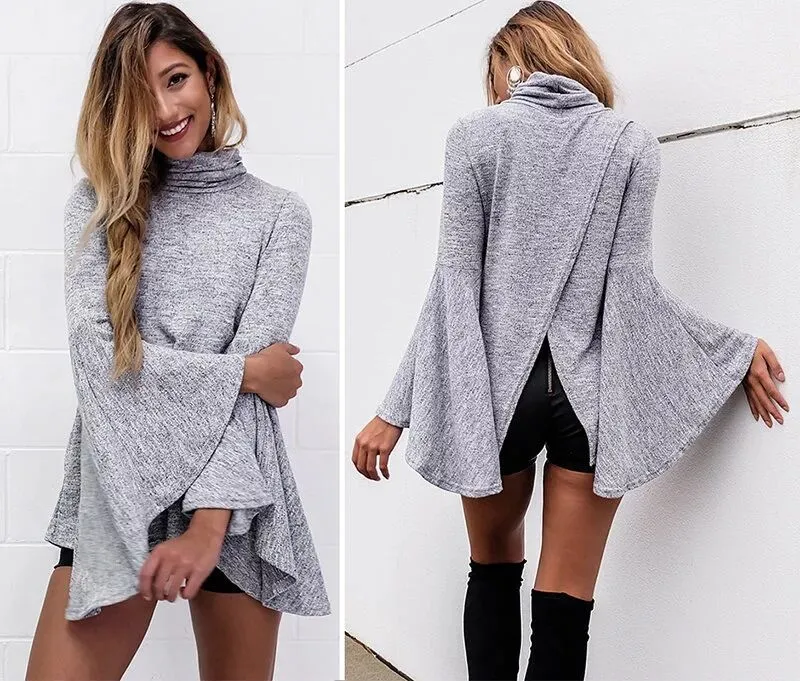 Bell Sleeve Back Slitting High Neck Sweater