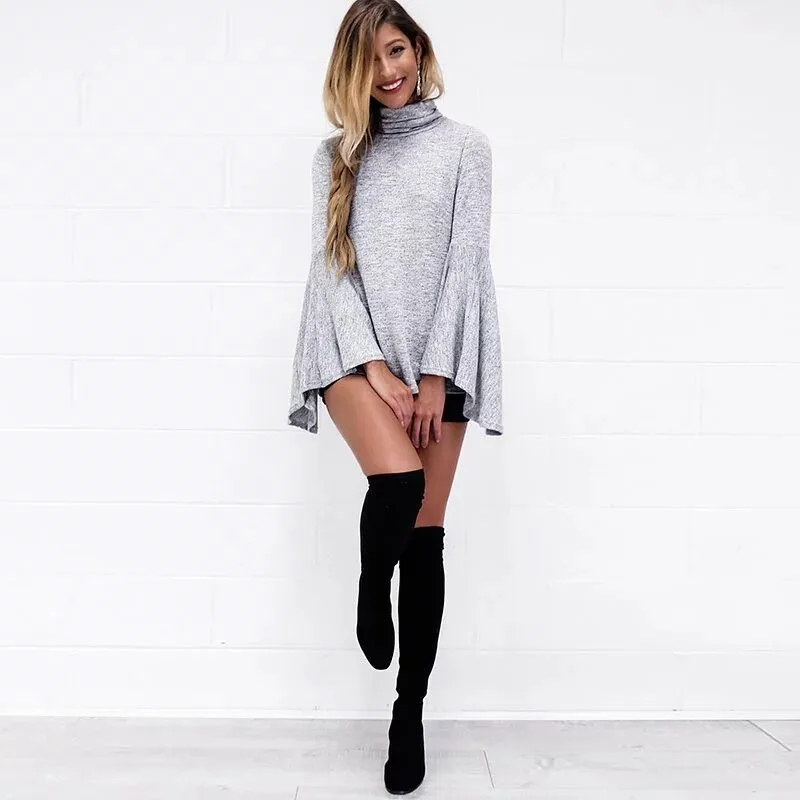 Bell Sleeve Back Slitting High Neck Sweater