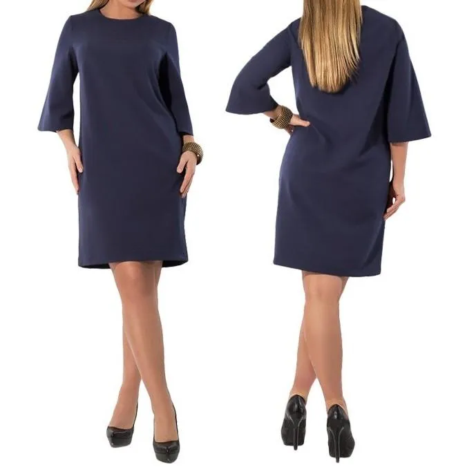 Bell Sleeve Solid Color Knee length Round Neck Plus Size Vacation Dresses