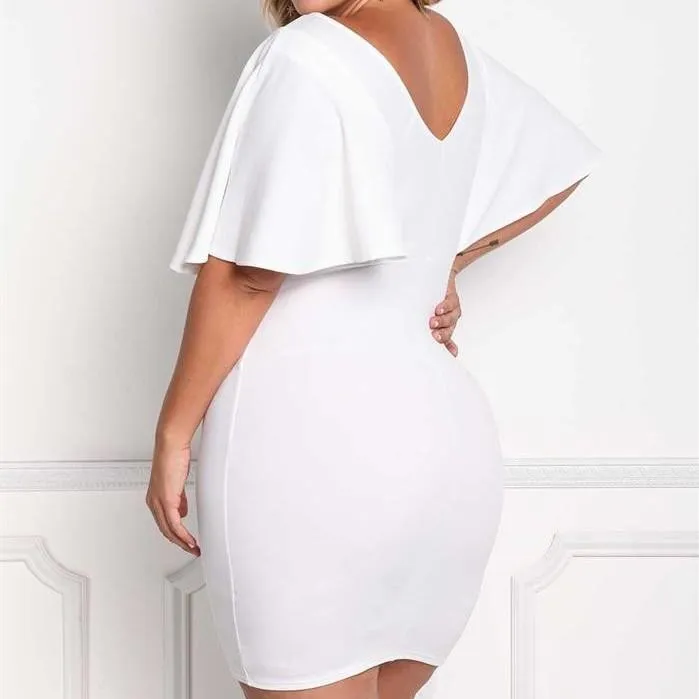 Bell sleeve Solid Color V neck Plus size bodycon Dresses