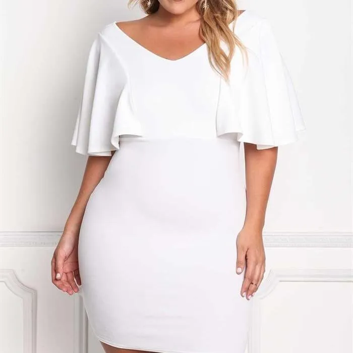 Bell sleeve Solid Color V neck Plus size bodycon Dresses