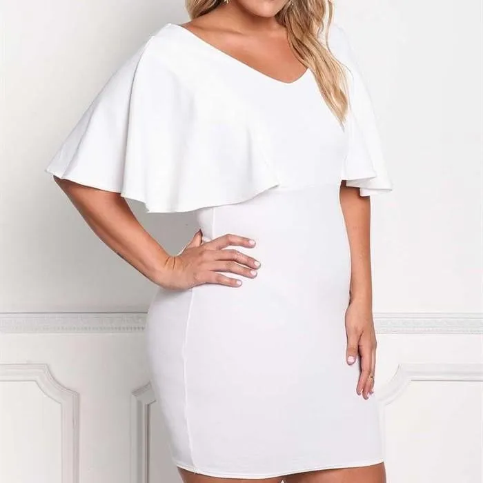 Bell sleeve Solid Color V neck Plus size bodycon Dresses