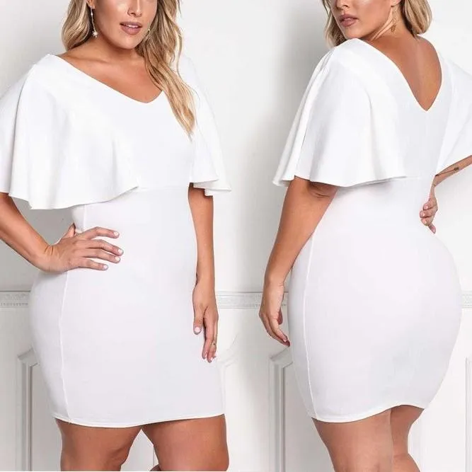 Bell sleeve Solid Color V neck Plus size bodycon Dresses