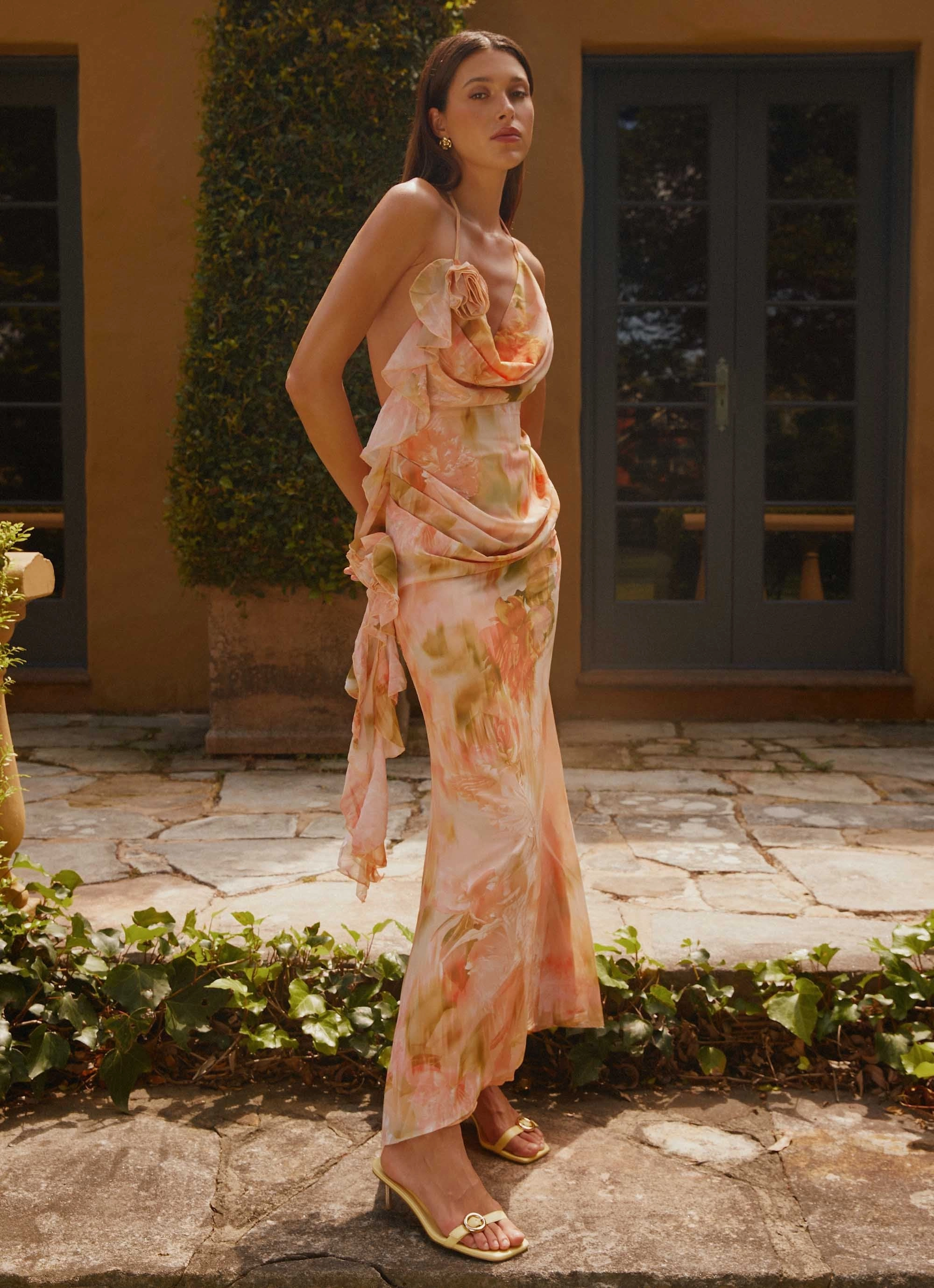 Fresh Aesthetic Flowing Layers Diedre Rose Strappy Maxi Dress - Sunset Floral