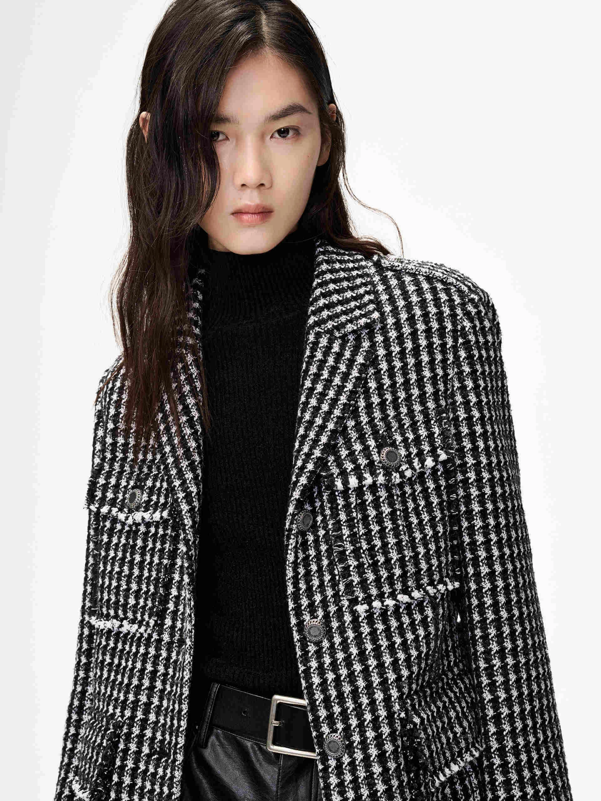 Belt Houndstooth Pattern Jacket