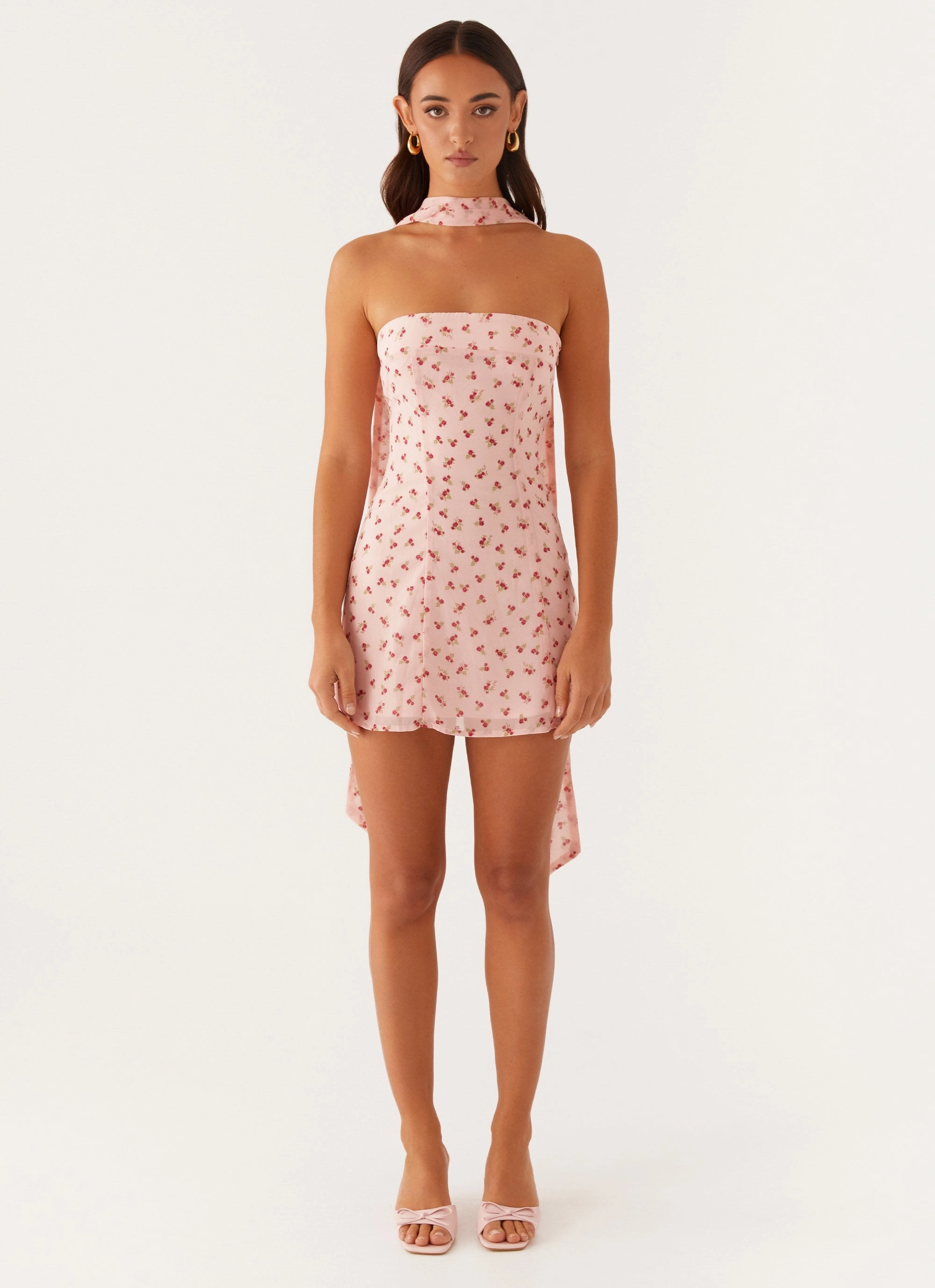 QuickDryTechnology Versatile party outfit Kiesha Strapless Scarf Mini Dress - Pink Flower