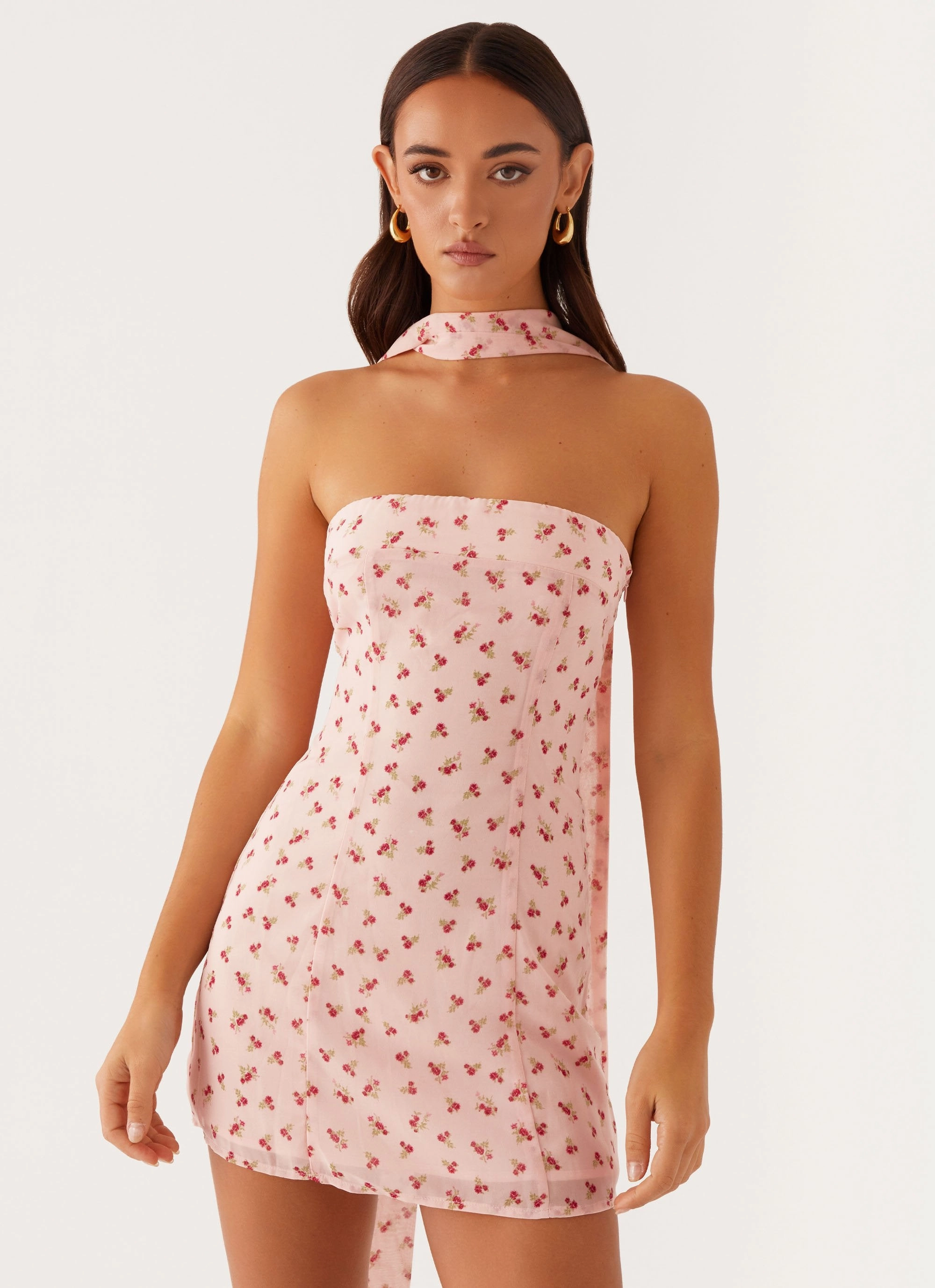Thermal-Lined Soft Finish Kiesha Strapless Scarf Mini Dress - Pink Flower