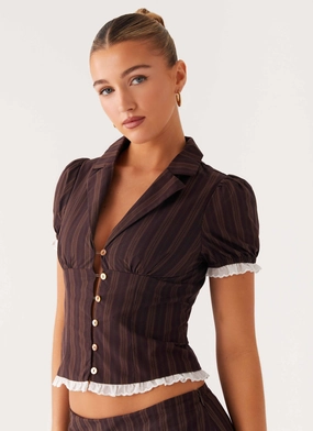 Bennett Button Up Top - Toffee Stripe Clean Fit Energy Casual City ErgonomicFit Bennett Button Up Top - Toffee Stripe