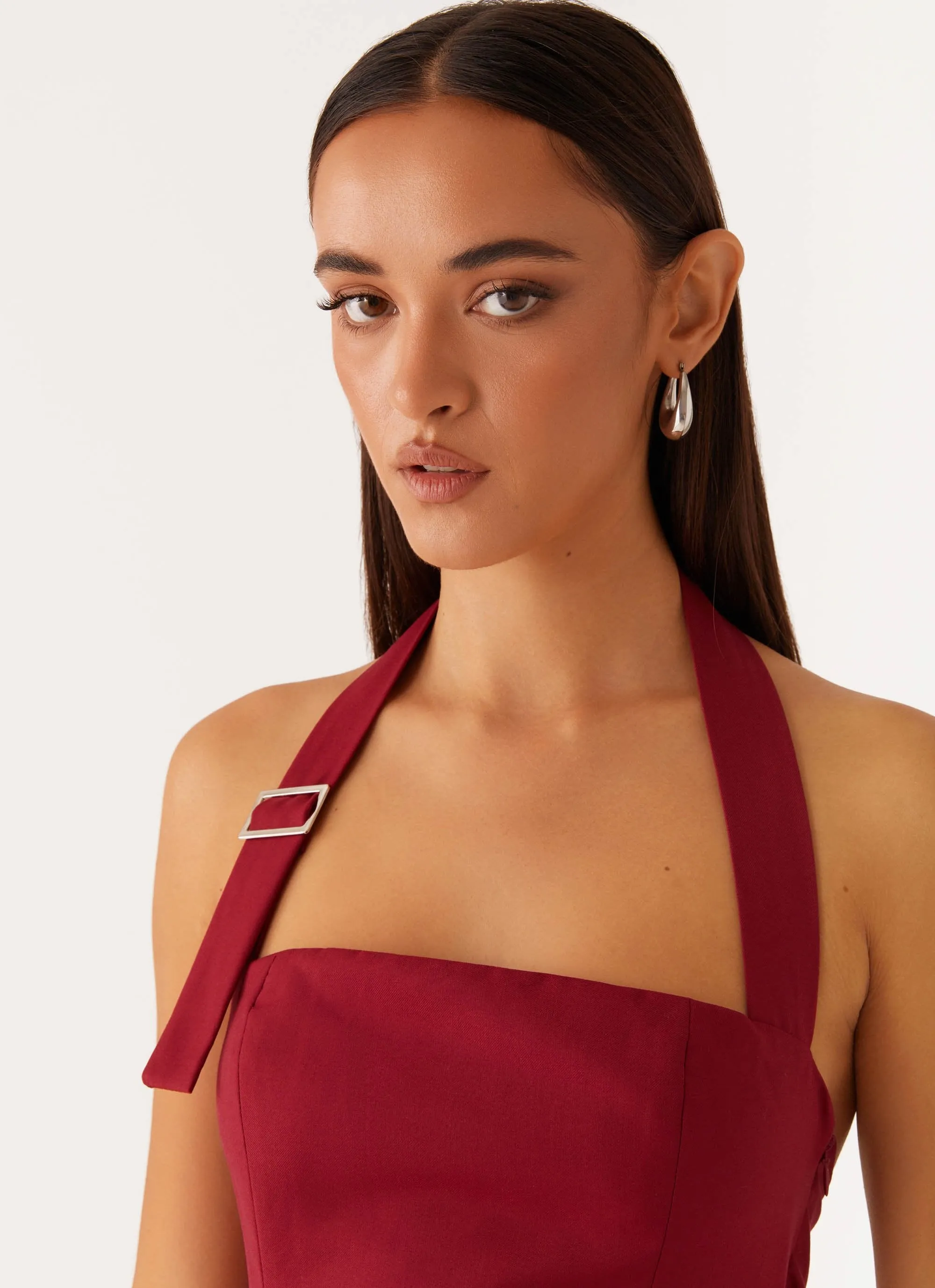 Two Tone Stitching Monochrome Palette Bianca Halter Dress - Red