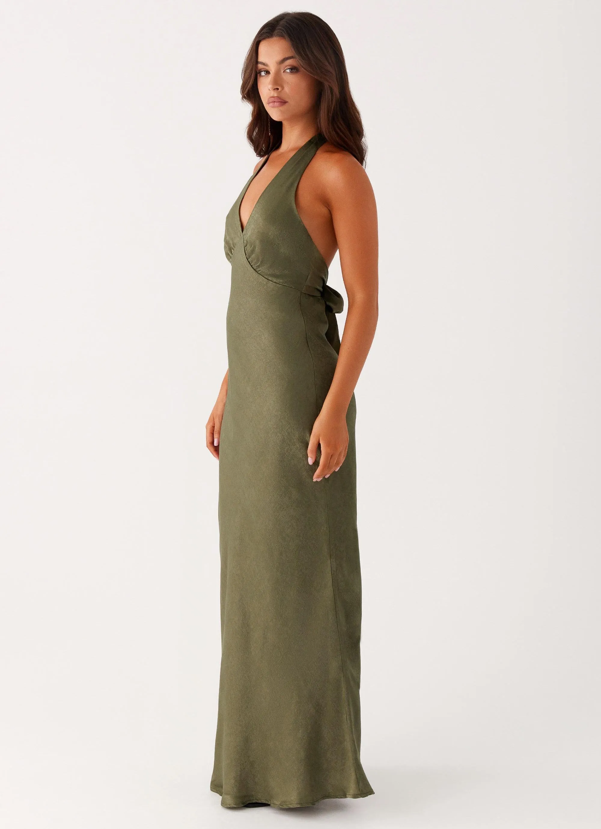 Comfortable fit Heavy Hearted Satin Maxi Dress - Khaki