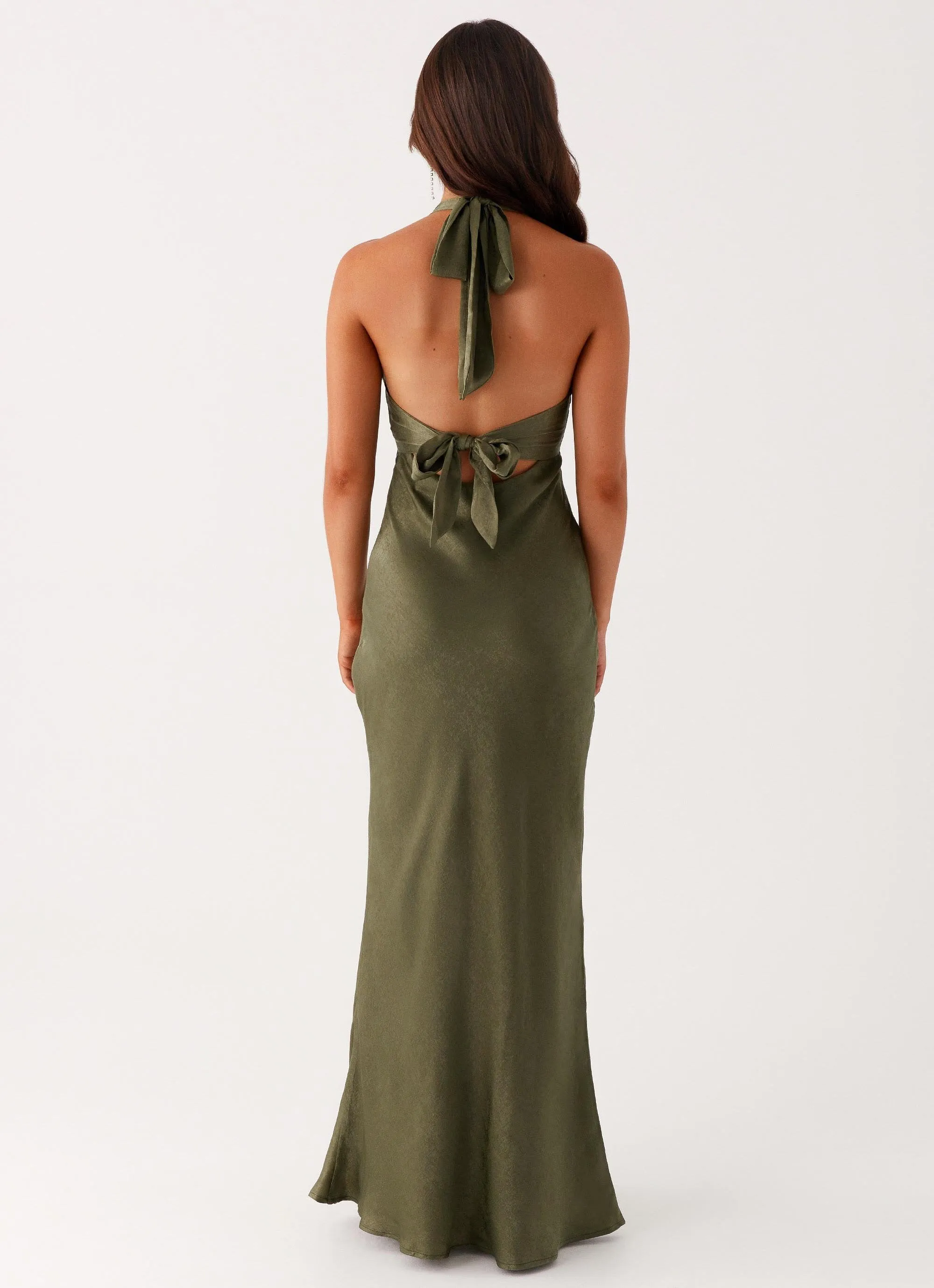 Heavy Hearted Satin Maxi Dress - Khaki crew neck