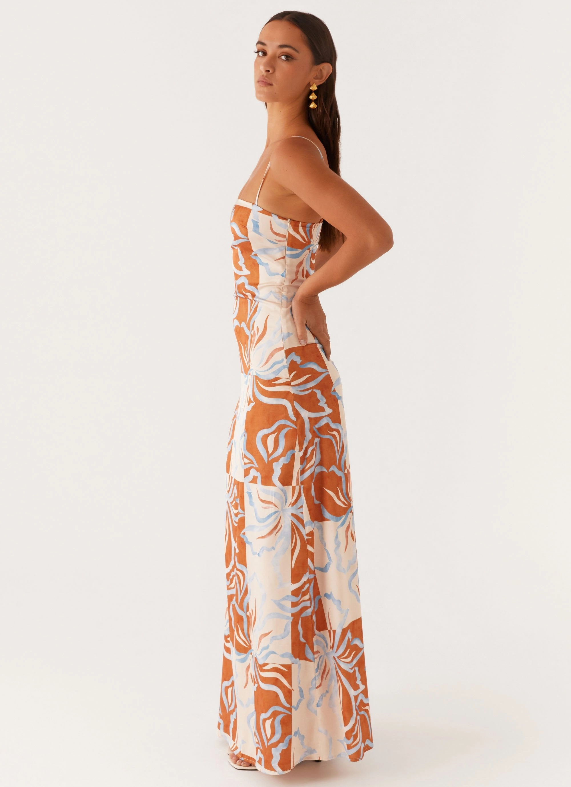 Functional Style foldable Aster Bloom Maxi Dress - Orange Blue Floral