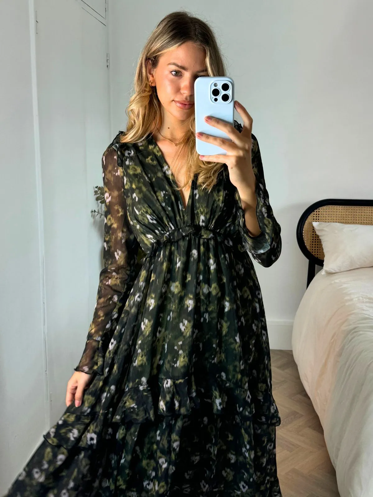 Birdie Frill Tie Back Dress / Blurred Khaki Floral Subtle Finish Texture Mood