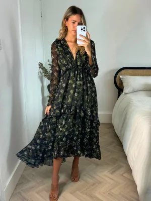 Birdie Frill Tie Back Dress / Blurred Khaki Floral Birthday-Celebration