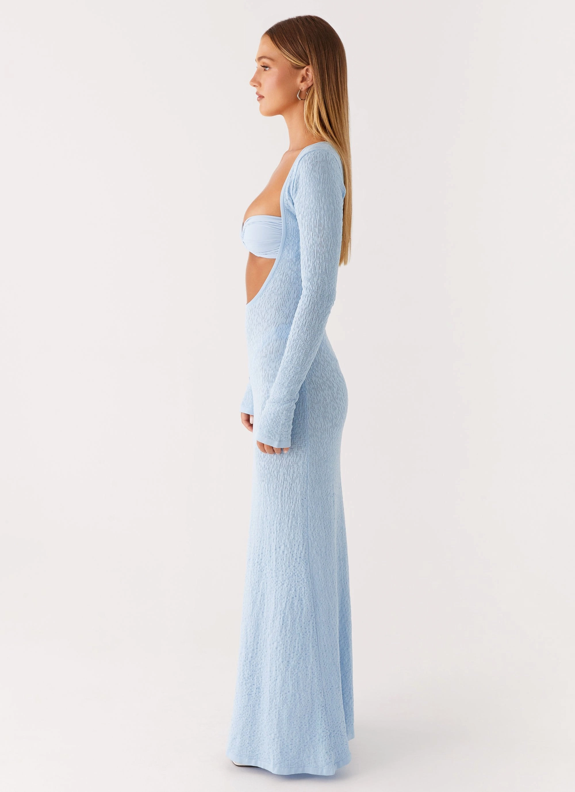 Carnation Long Sleeve Knit Maxi Dress - Blue Feminine Design Lounge Comfort