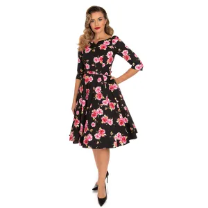 Black & Pink Rose Floral Print 3/4 Sleeve 50s Swing Dress