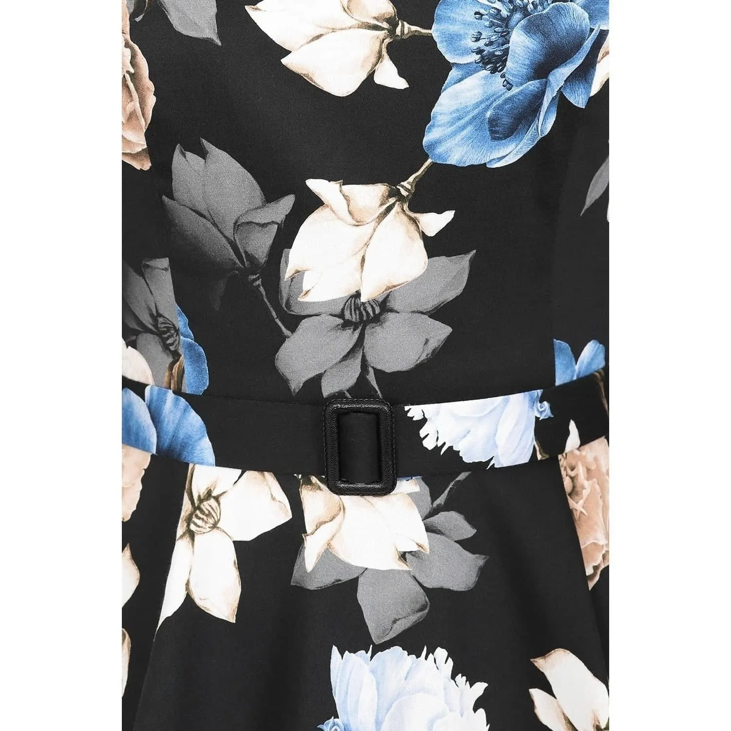 Black And Multi Floral Print 3/4 Sleeve 50s Swing Dress