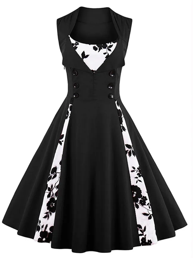 Black Casual Plus Size Floral Print Sleeveless Midi Party Dress