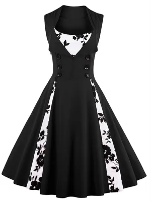 Black Casual Plus Size Floral Print Sleeveless Midi Party Dress