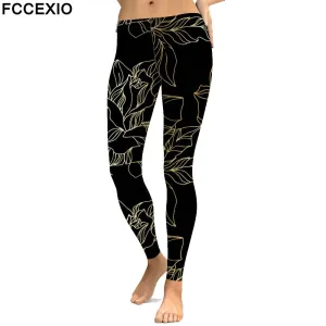 Black Leggings Glod Flower Print Women Leggins Fashion Mandala
