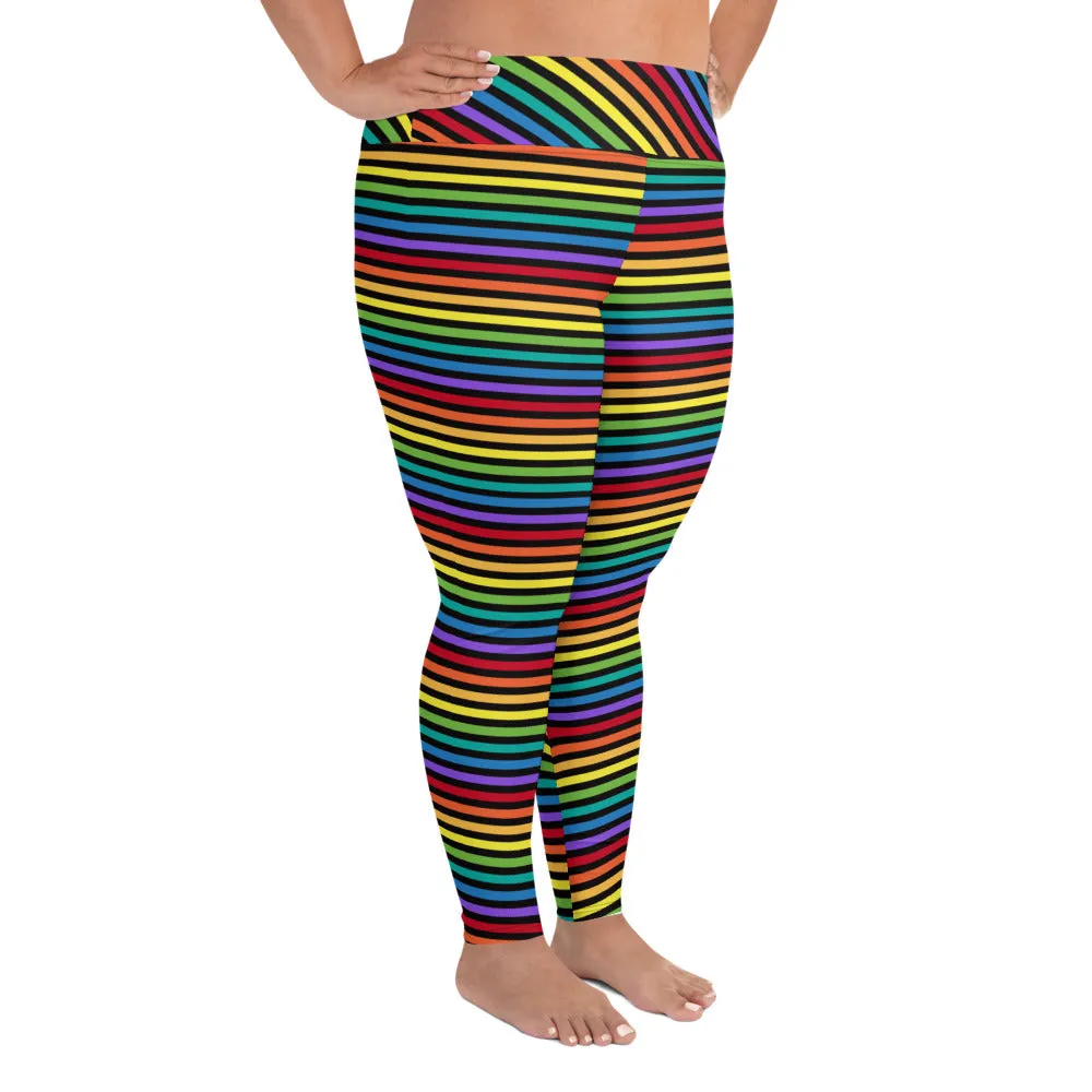Black Rainbow Stripe Women's Plus Size Leggings
