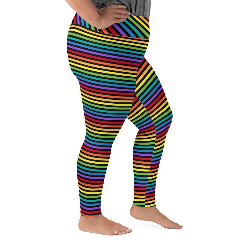 Black Rainbow Stripe Women's Plus Size Leggings