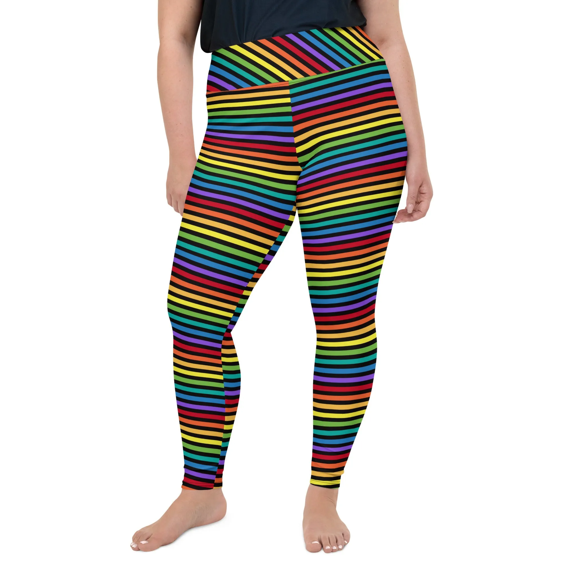 Black Rainbow Stripe Women's Plus Size Leggings