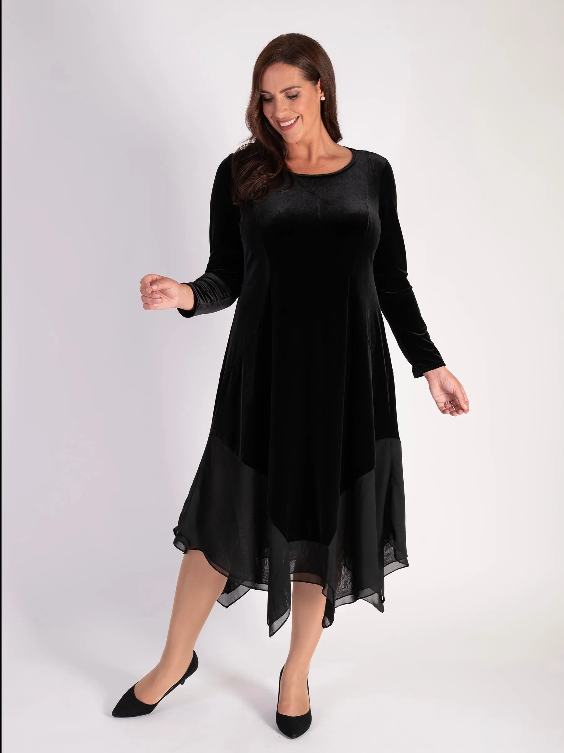 Black Stretch Velvet Drape Dress with Chiffon Trim