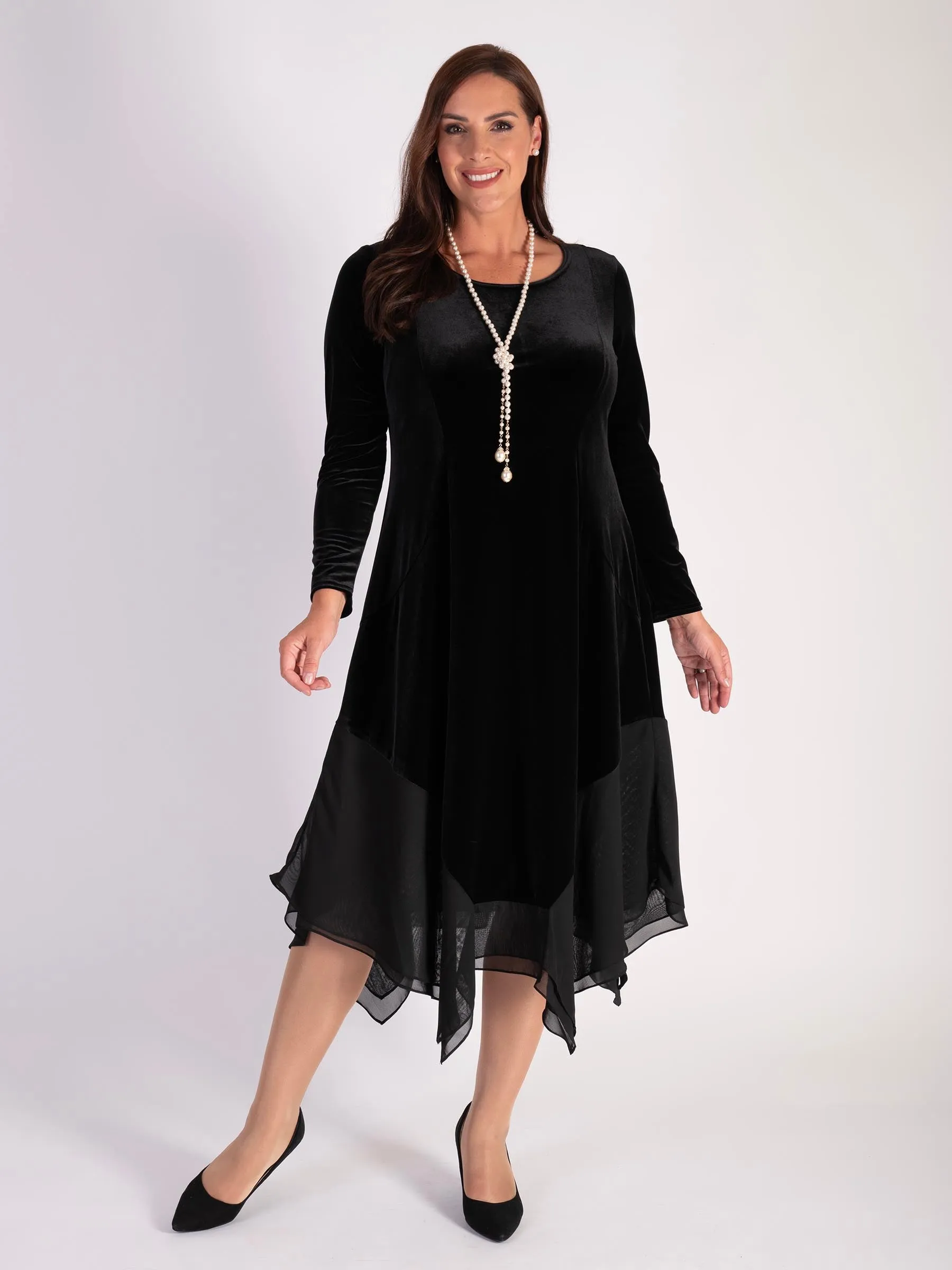 Black Stretch Velvet Drape Dress with Chiffon Trim