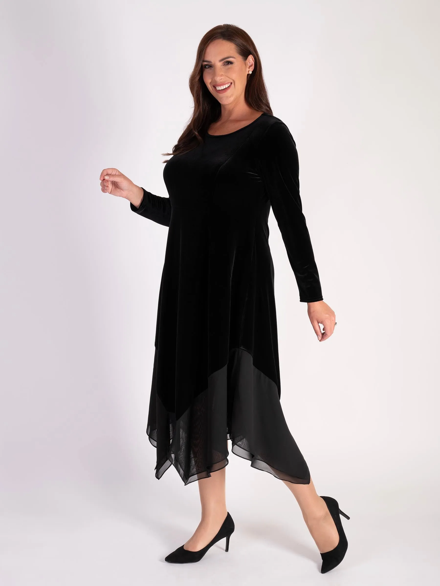 Black Stretch Velvet Drape Dress with Chiffon Trim
