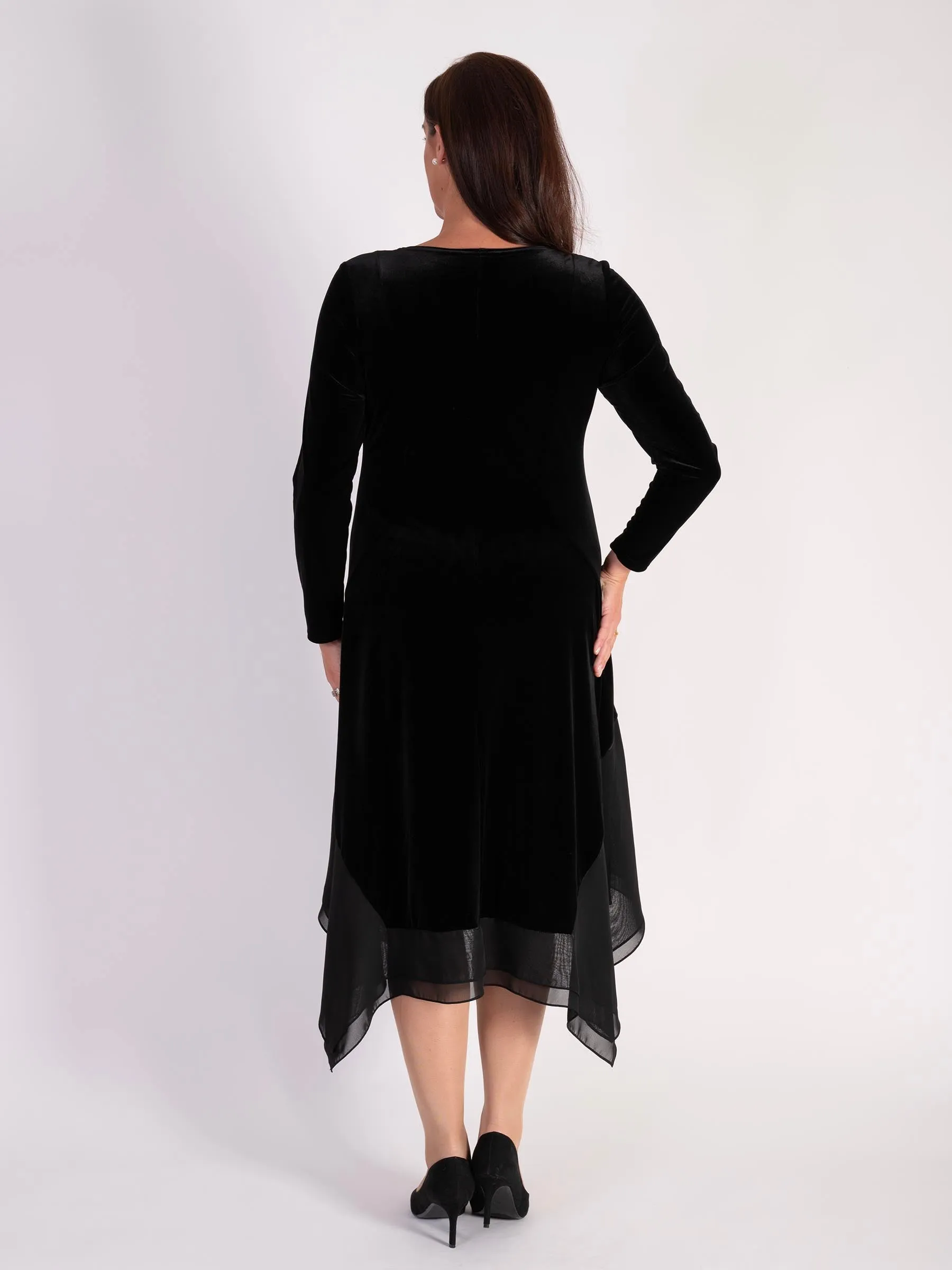 Black Stretch Velvet Drape Dress with Chiffon Trim