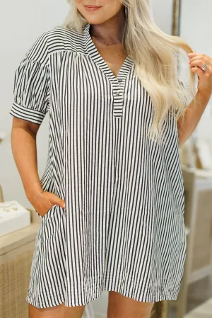 Black Stripe Buttoned V Neck Pocketed Plus Size Mini Dress