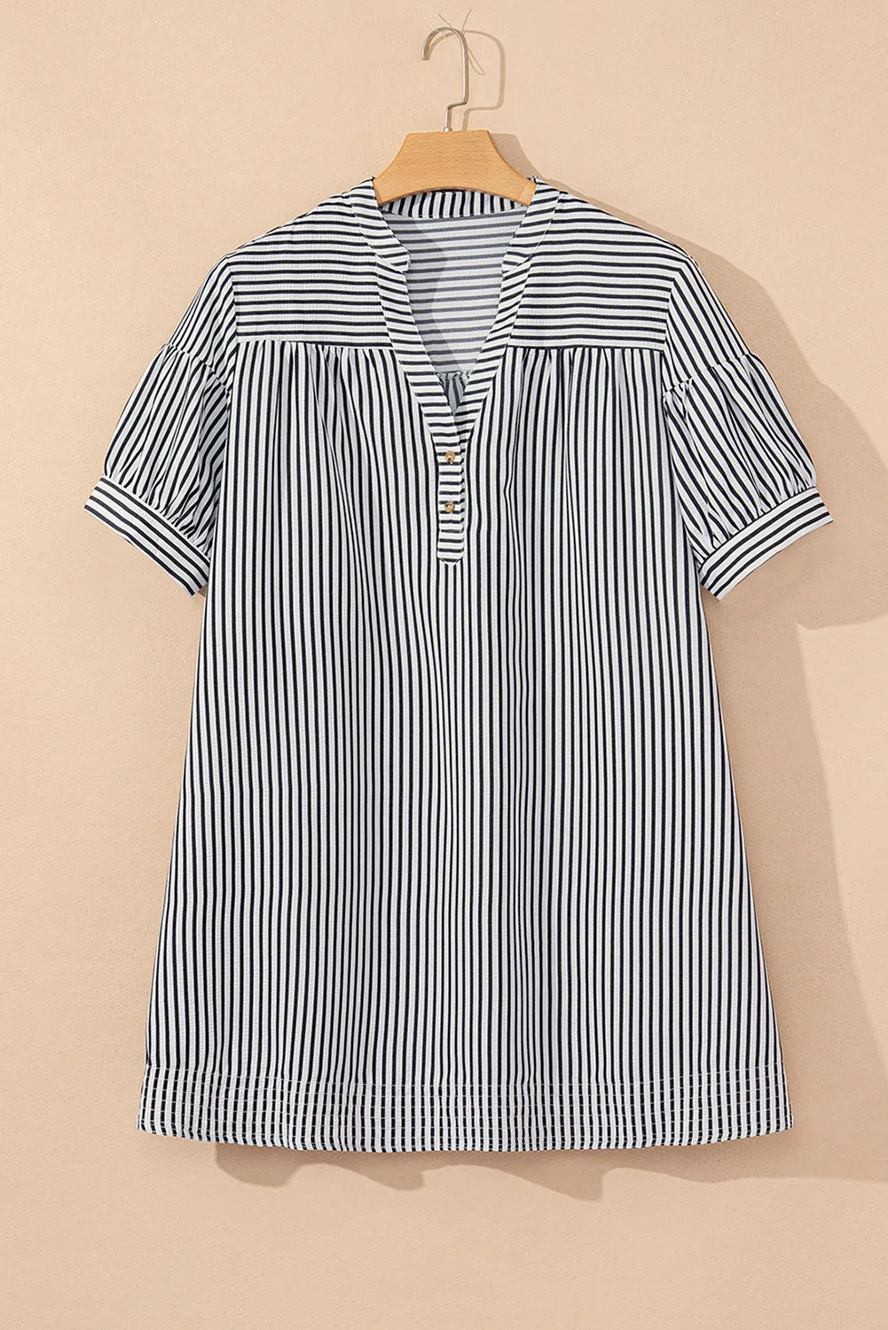 Black Stripe Buttoned V Neck Pocketed Plus Size Mini Dress