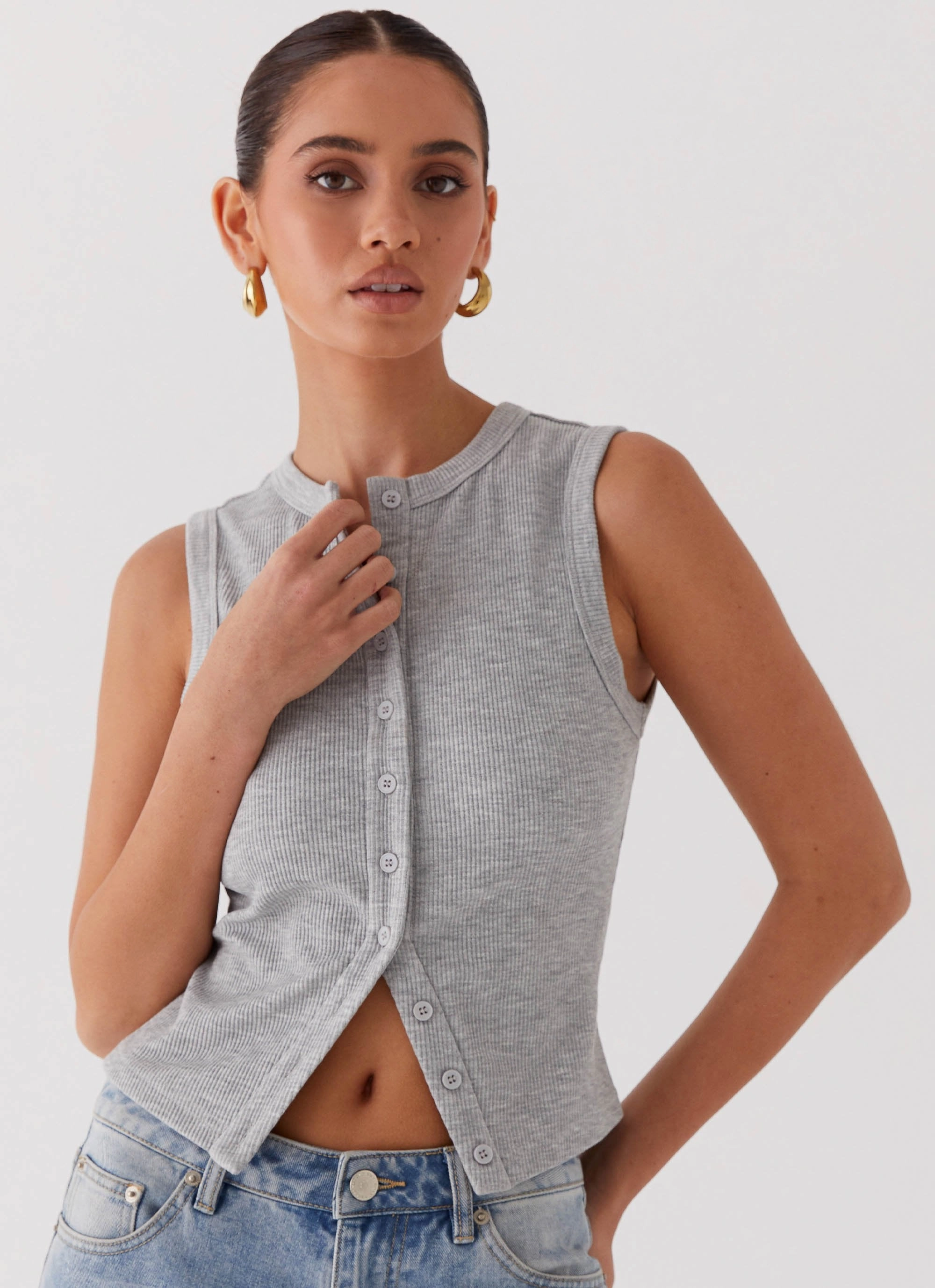 Tagless Neckline Design NonIrritatingEdges Blair Buttoned Tank Top - Grey Marle