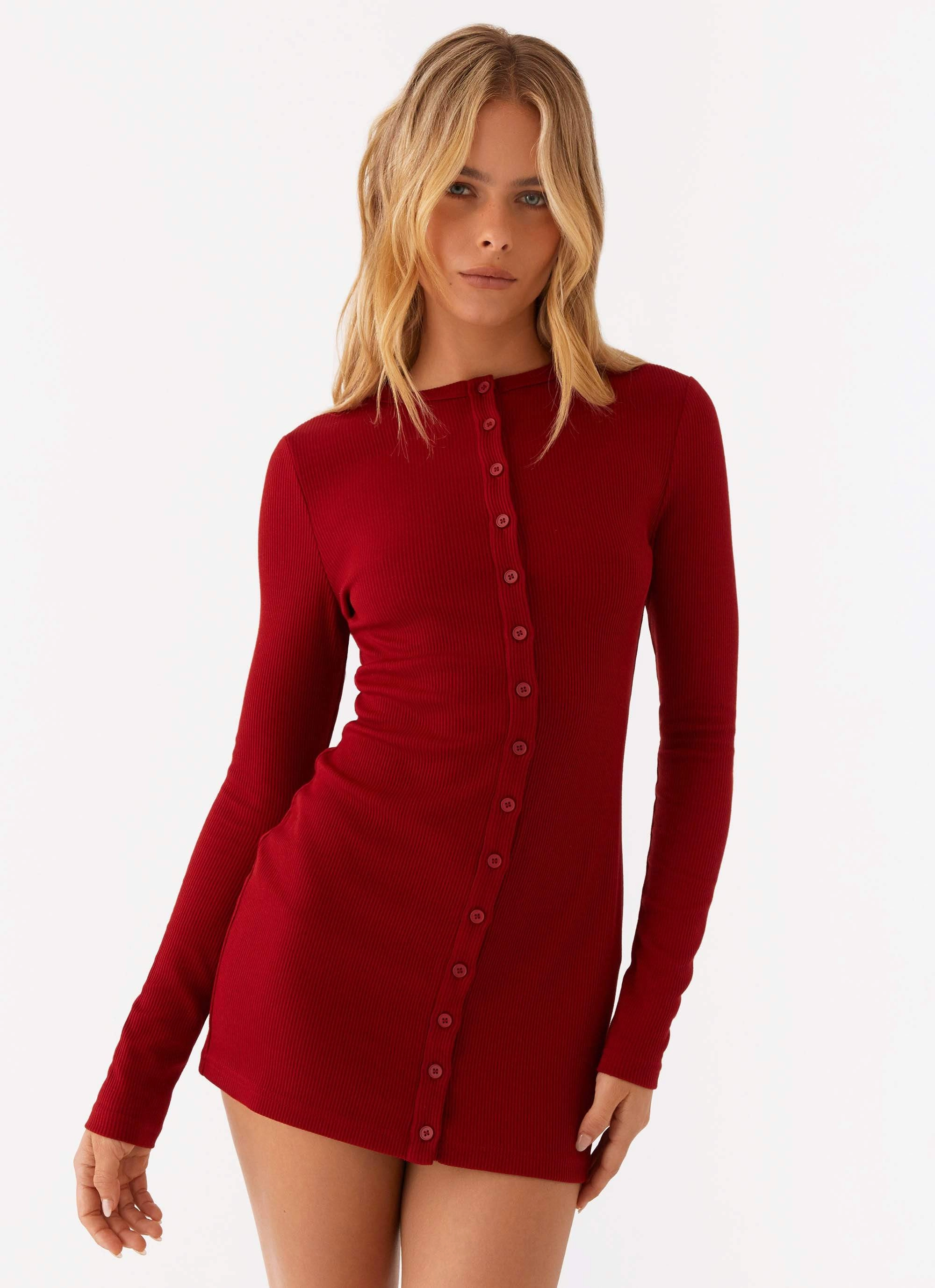 Blair Long Sleeve Mini Dress - Red Casual maxi dress Dry-Clean-Only