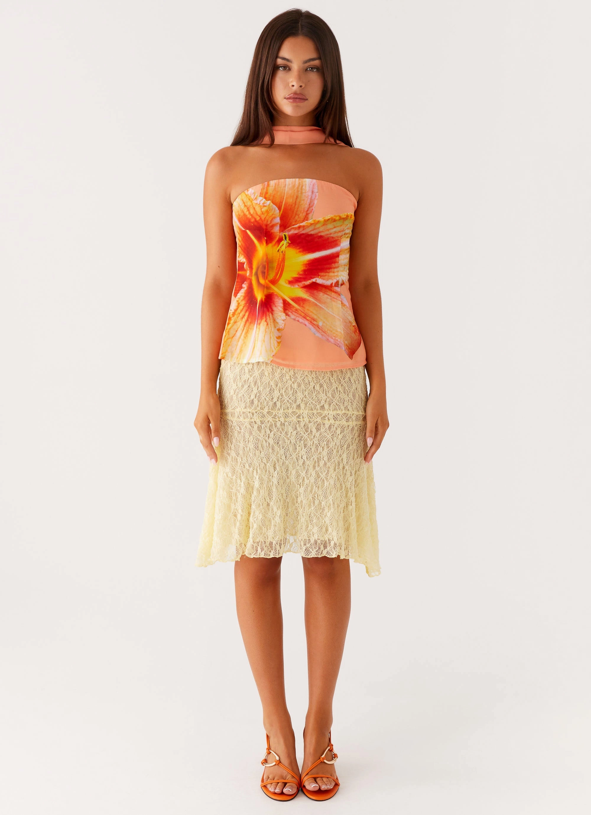 Relaxed Look Bonded Seam Tape Blaise Scarf Top - Orange Floral