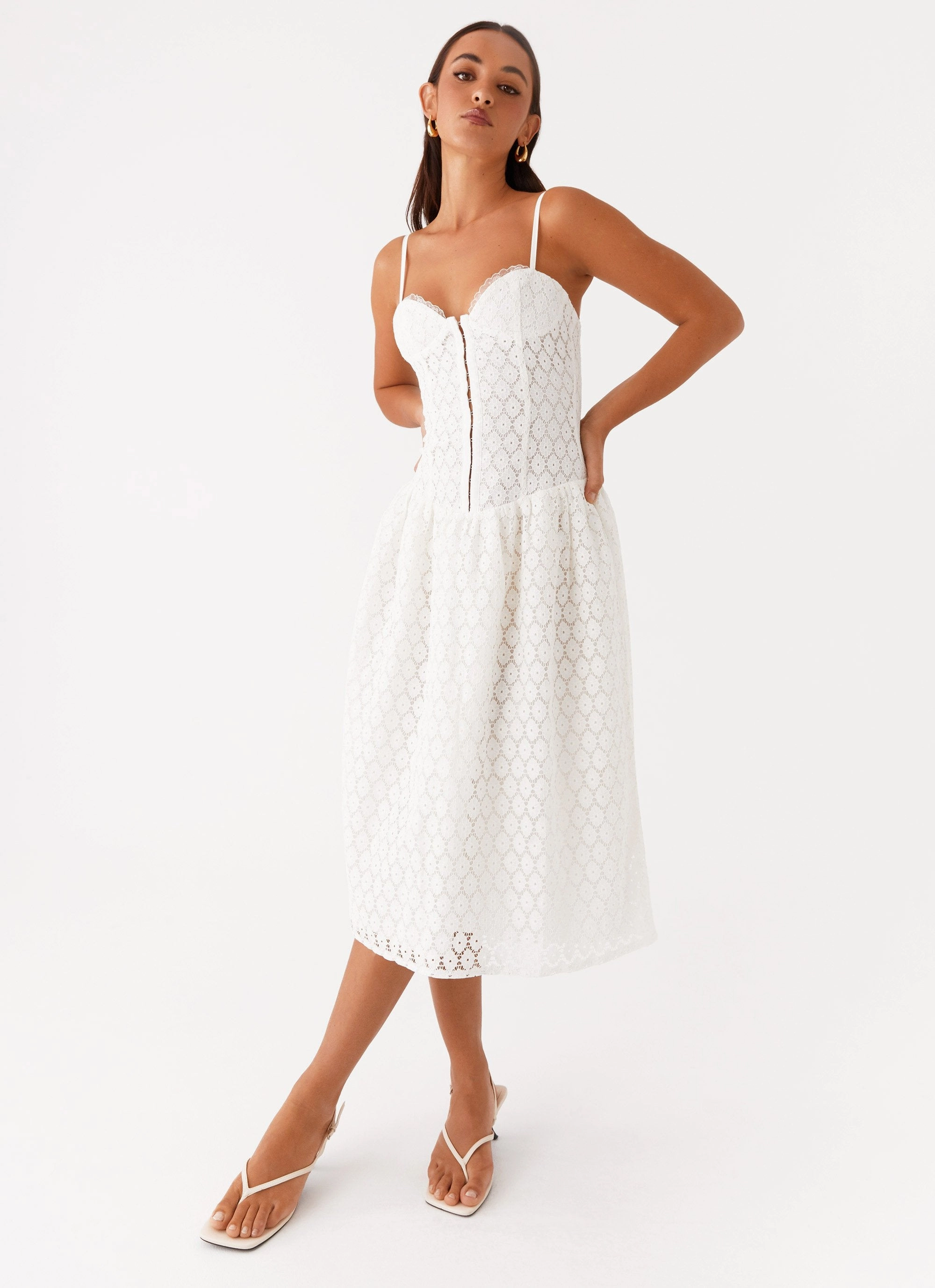 Blooming Corset Midi Dress - White Mid Fit