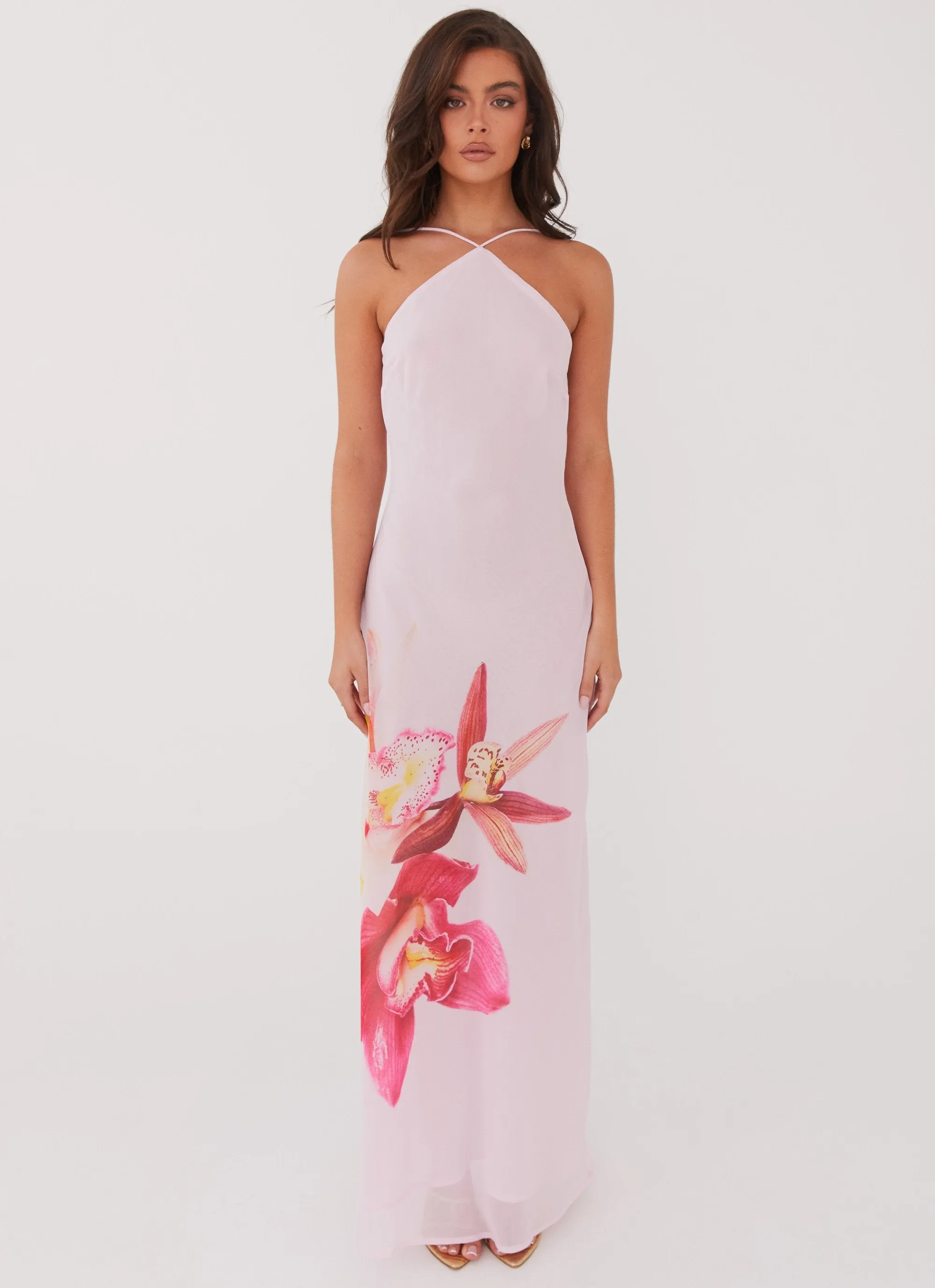Trendy Pattern Hidden Placket Blossom Hearts Maxi Dress - Pink Peony