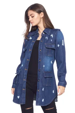 [Blue Age] Womens Destroyed Denim Jacket with Four Pockets