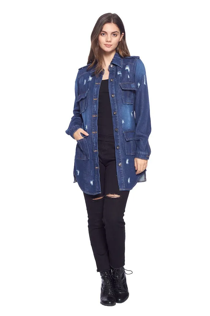 [Blue Age] Womens Destroyed Denim Jacket with Four Pockets