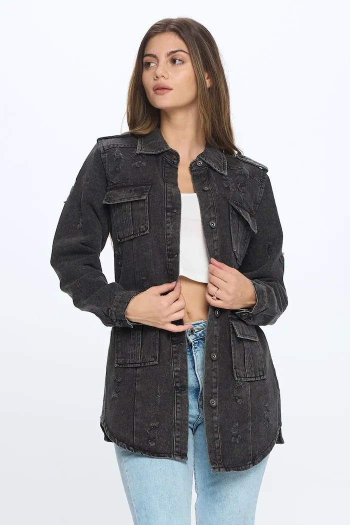 [Blue Age] Womens Destroyed Denim Jacket with Four Pockets