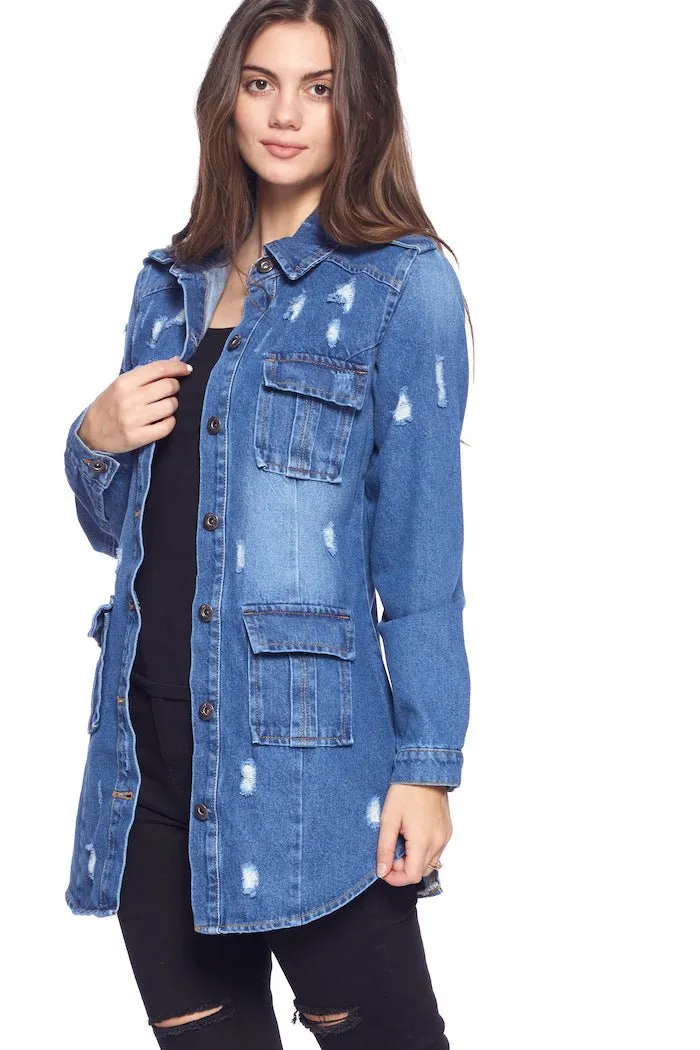 [Blue Age] Womens Destroyed Denim Jacket with Four Pockets