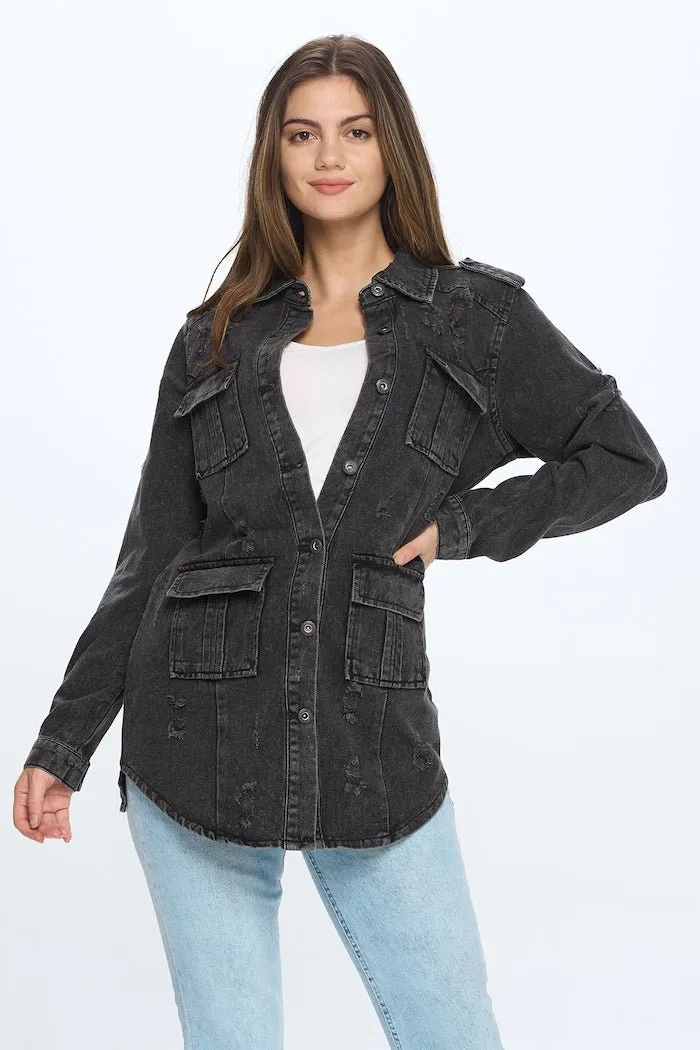 [Blue Age] Womens Destroyed Denim Jacket with Four Pockets